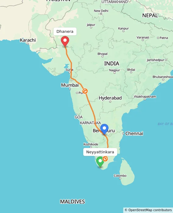 Route map showing distance and travel time from Neyyattinkara, India to Dhanera, India