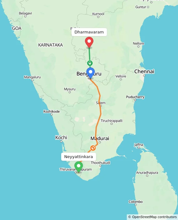 Route map showing distance and travel time from Neyyattinkara, India to Dharmavaram, India