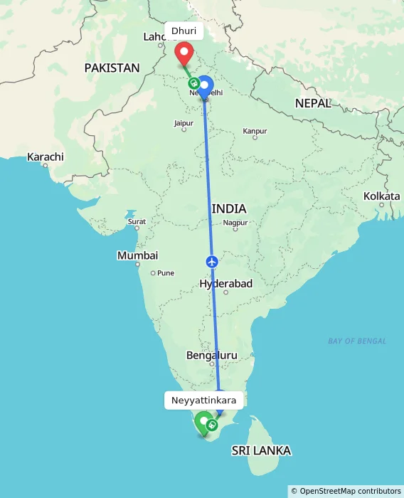 Route map showing distance and travel time from Neyyattinkara, India to Dhuri, India