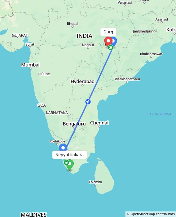 Route map showing distance and travel time from Neyyattinkara, India to Durg, India
