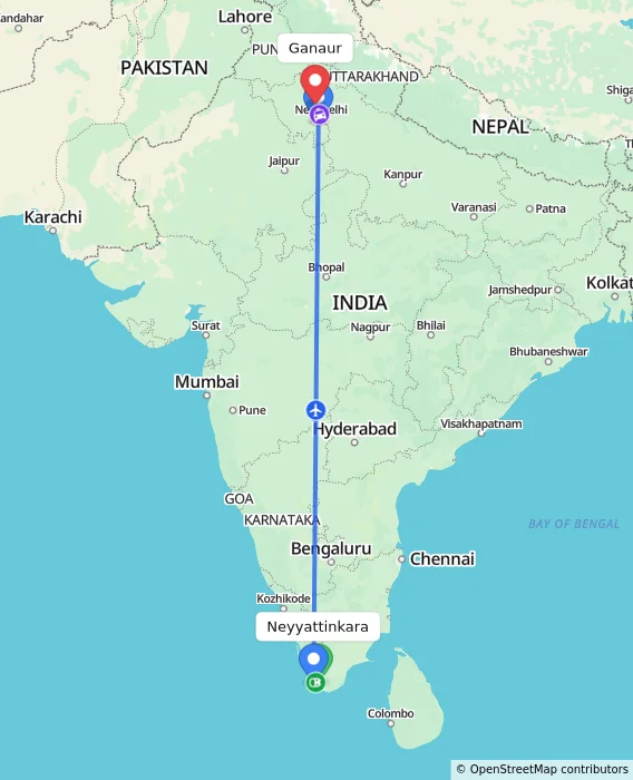 Route map showing distance and travel time from Neyyattinkara, India to Ganaur, India