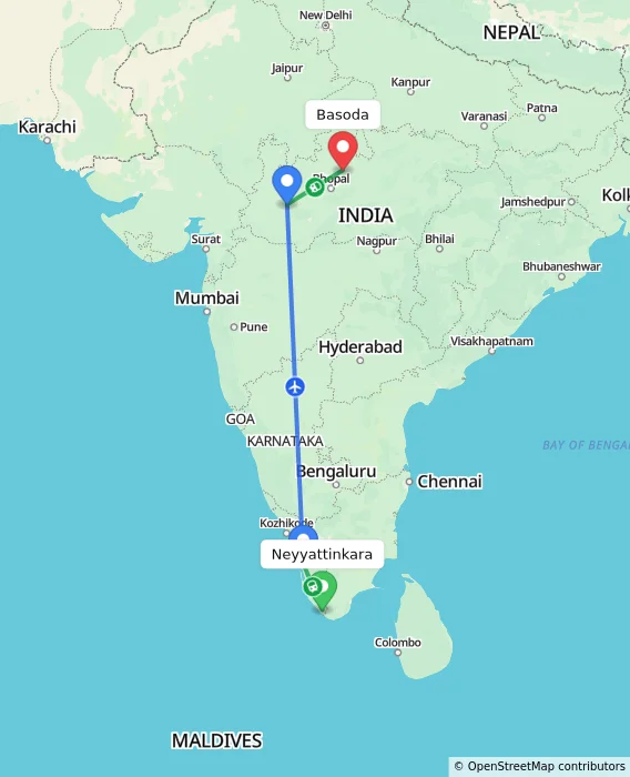 Route map showing distance and travel time from Neyyattinkara, India to Basoda, India