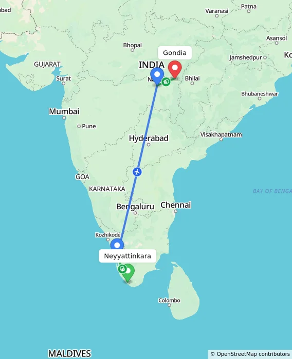 Route map showing distance and travel time from Neyyattinkara, India to Gondia, India