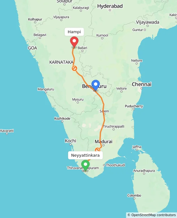 Route map showing distance and travel time from Neyyattinkara, India to Hampi, India