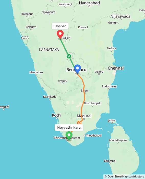 Route map showing distance and travel time from Neyyattinkara, India to Hospet, India