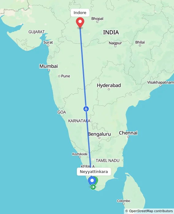 Route map showing distance and travel time from Neyyattinkara, India to Indore, India