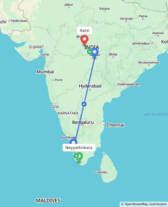 Route map showing distance and travel time from Neyyattinkara, India to Itarsi, India
