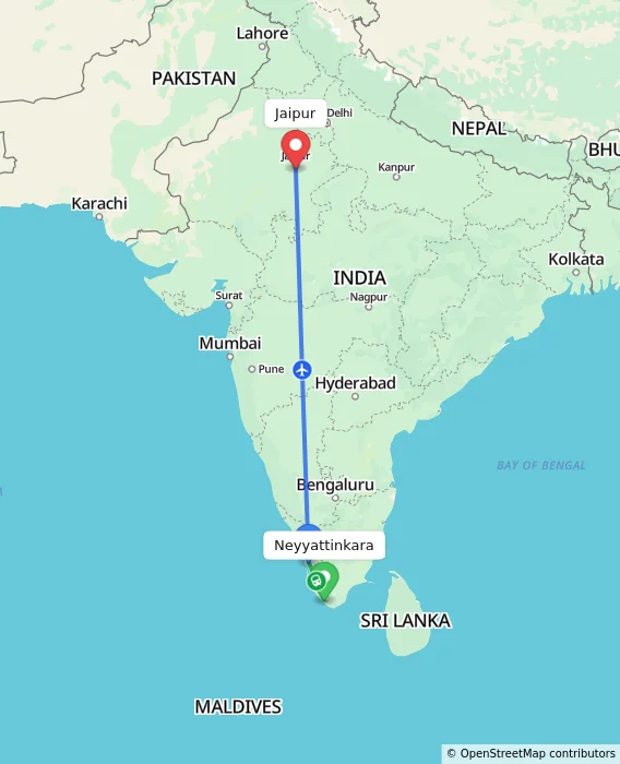Route map showing distance and travel time from Neyyattinkara, India to Jaipur, India