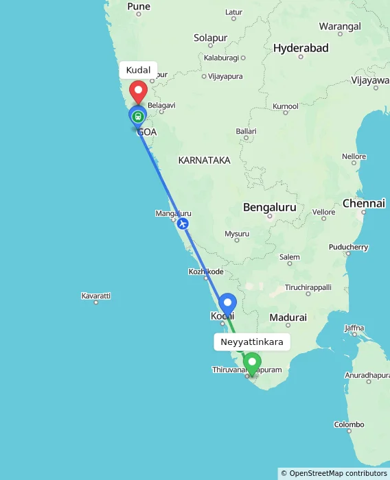 Route map showing distance and travel time from Neyyattinkara, India to Kudal, India
