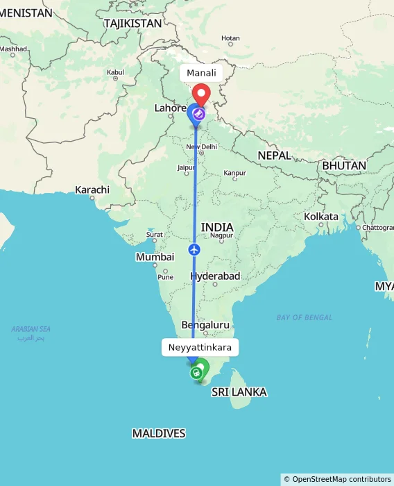 Route map showing distance and travel time from Neyyattinkara, India to Manali, India