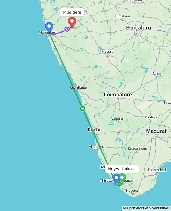 Route map showing distance and travel time from Neyyattinkara, India to Mudigere, India