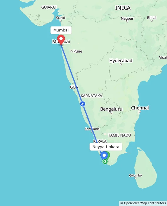 Route map showing distance and travel time from Neyyattinkara, India to Mumbai, India