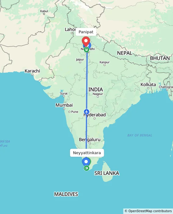 Route map showing distance and travel time from Neyyattinkara, India to Panipat, India