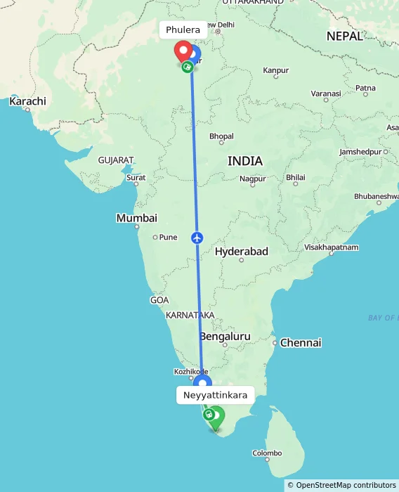 Route map showing distance and travel time from Neyyattinkara, India to Phulera, India