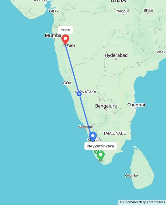 Route map showing distance and travel time from Neyyattinkara, India to Pune, India