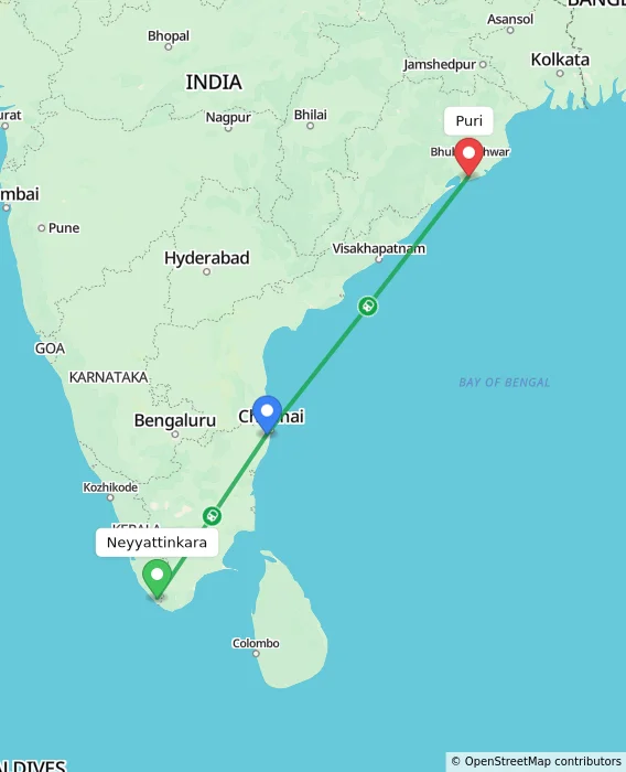 Route map showing distance and travel time from Neyyattinkara, India to Puri, India