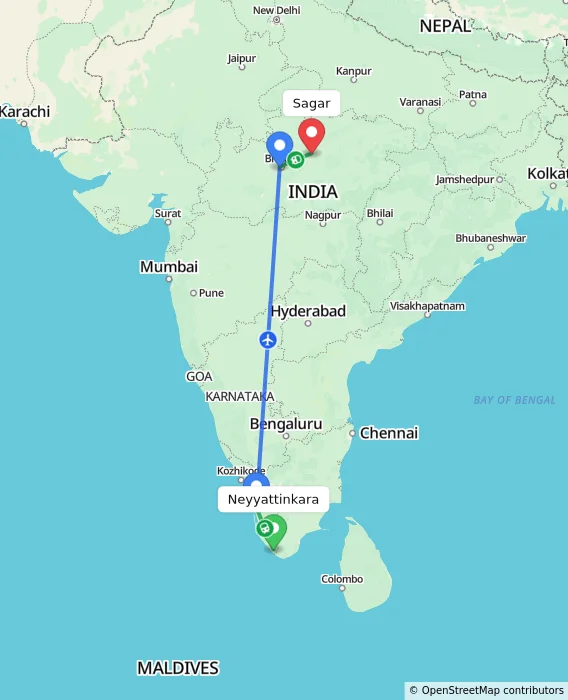 Route map showing distance and travel time from Neyyattinkara, India to Sagar, India