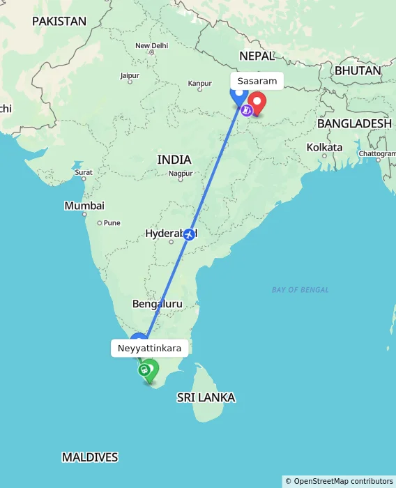 Route map showing distance and travel time from Neyyattinkara, India to Sasaram, India