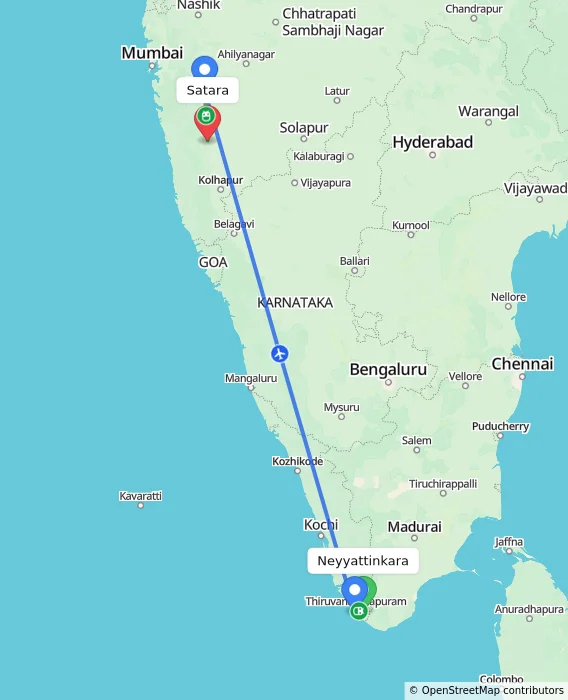 Route map showing distance and travel time from Neyyattinkara, India to Satara, India