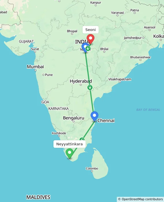 Route map showing distance and travel time from Neyyattinkara, India to Seoni, India