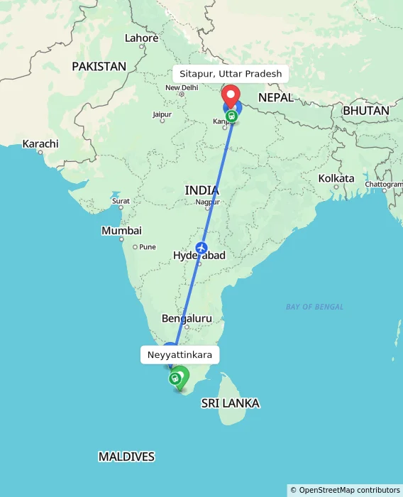 Route map showing distance and travel time from Neyyattinkara, India to Sitapur, Uttar Pradesh, India