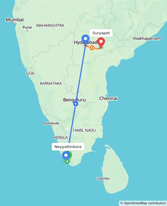 Route map showing distance and travel time from Neyyattinkara, India to Suryapet, India