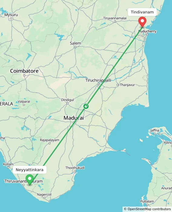 Route map showing distance and travel time from Neyyattinkara, India to Tindivanam, India