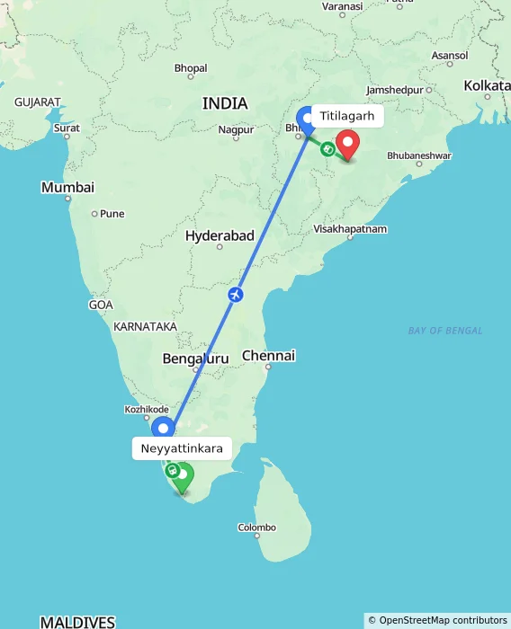 Route map showing distance and travel time from Neyyattinkara, India to Titilagarh, India