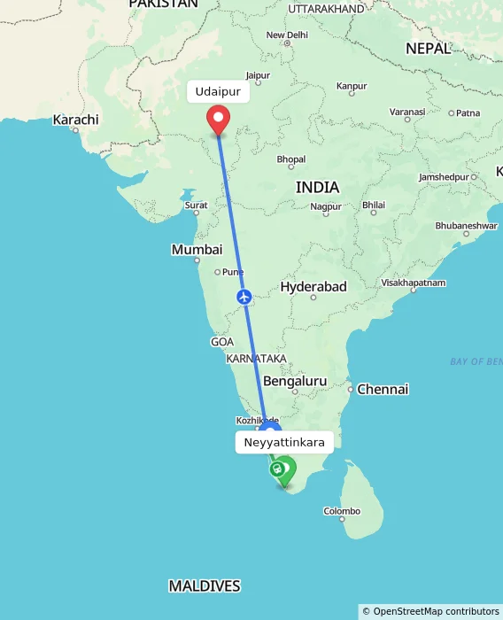 Route map showing distance and travel time from Neyyattinkara, India to Udaipur, India