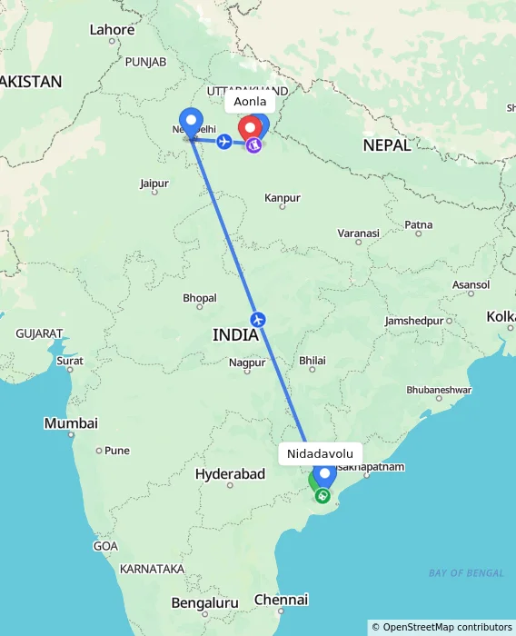 Route map showing distance and travel time from Nidadavolu, India to Aonla, India