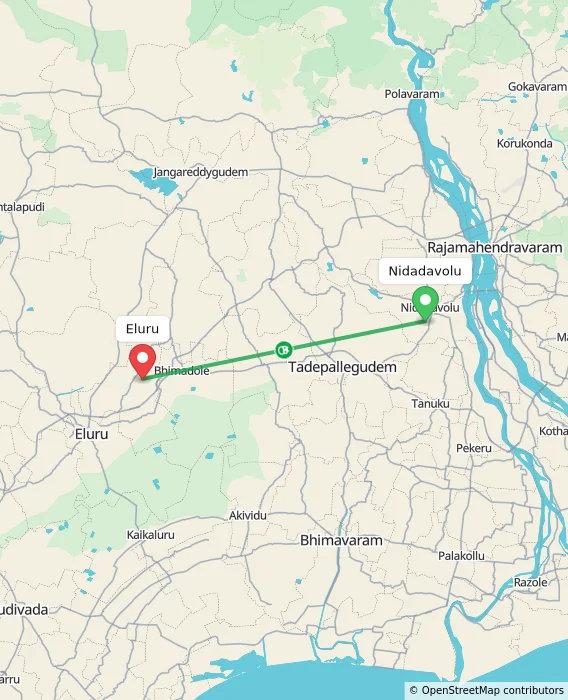 Route map showing distance and travel time from Nidadavolu, India to Eluru, India