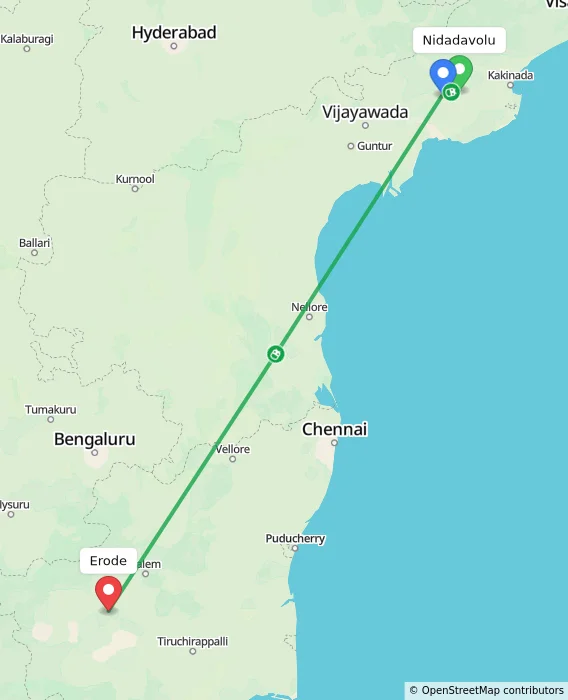 Route map showing distance and travel time from Nidadavolu, India to Erode, India
