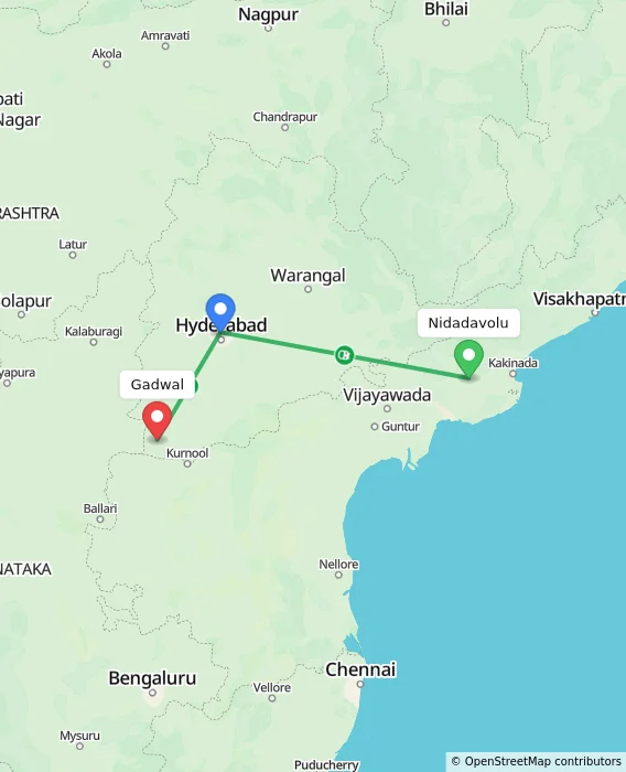 Route map showing distance and travel time from Nidadavolu, India to Gadwal, India