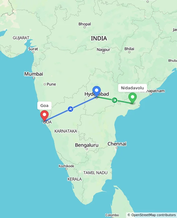 Route map showing distance and travel time from Nidadavolu, India to Goa, India