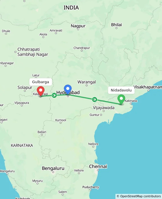 Route map showing distance and travel time from Nidadavolu, India to Gulbarga, India