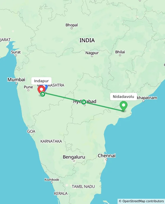Route map showing distance and travel time from Nidadavolu, India to Indapur, India