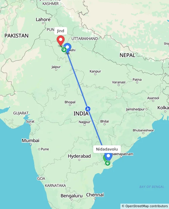 Route map showing distance and travel time from Nidadavolu, India to Jind, India
