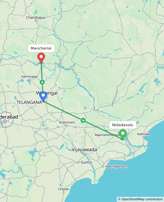 Route map showing distance and travel time from Nidadavolu, India to Mancherial, India