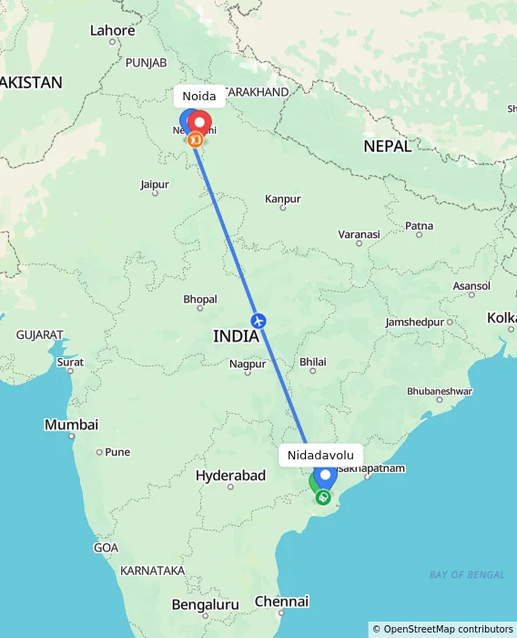 Route map showing distance and travel time from Nidadavolu, India to Noida, India