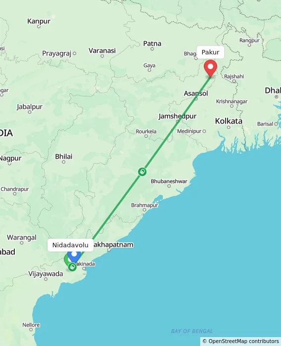 Route map showing distance and travel time from Nidadavolu, India to Pakur, India