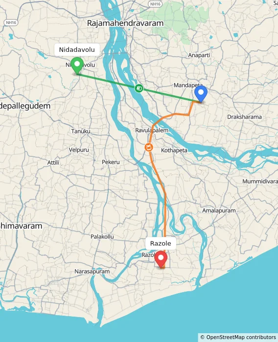 Route map showing distance and travel time from Nidadavolu, India to Razole, India