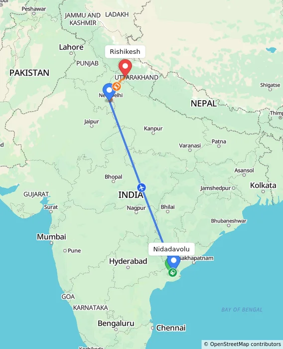 Route map showing distance and travel time from Nidadavolu, India to Rishikesh, India
