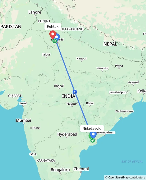 Route map showing distance and travel time from Nidadavolu, India to Rohtak, India
