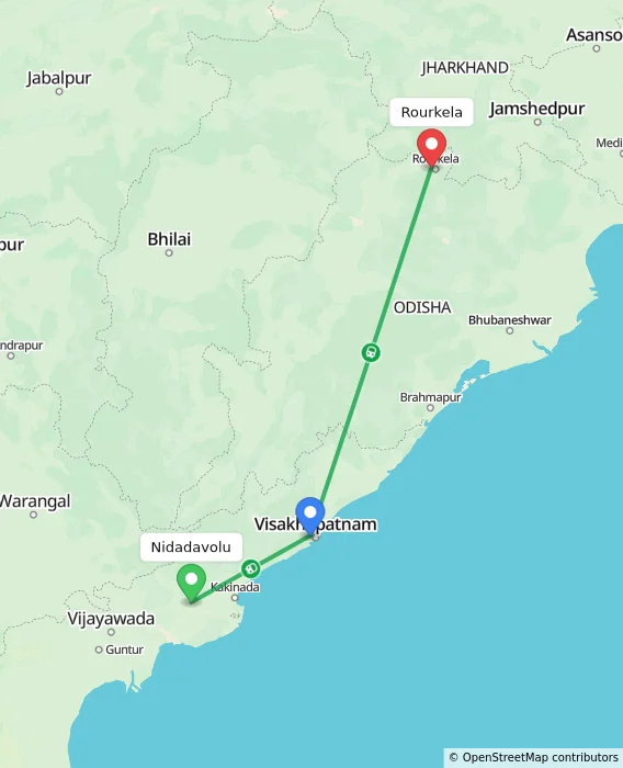 Route map showing distance and travel time from Nidadavolu, India to Rourkela, India