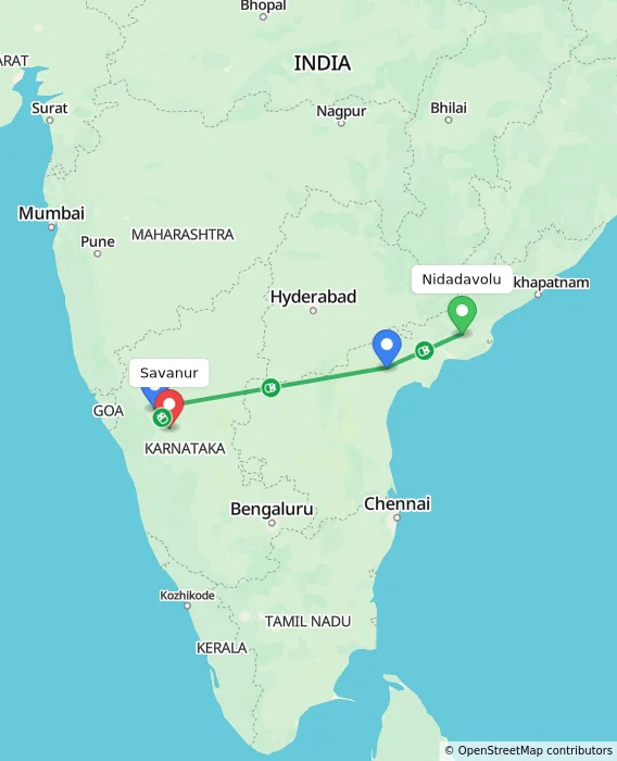 Route map showing distance and travel time from Nidadavolu, India to Savanur, India
