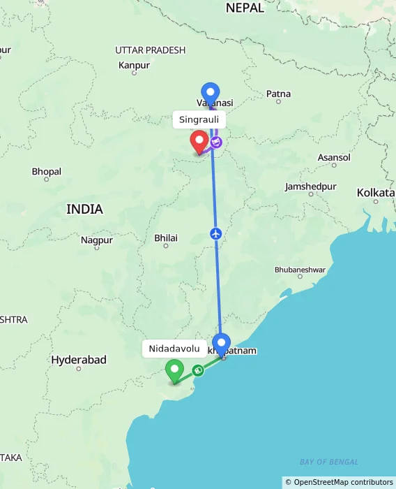 Route map showing distance and travel time from Nidadavolu, India to Singrauli, India