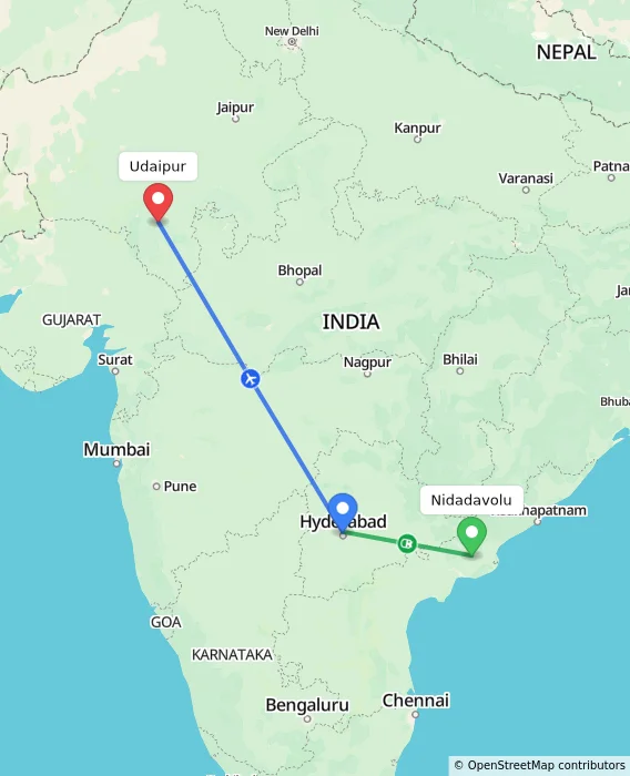 Route map showing distance and travel time from Nidadavolu, India to Udaipur, India