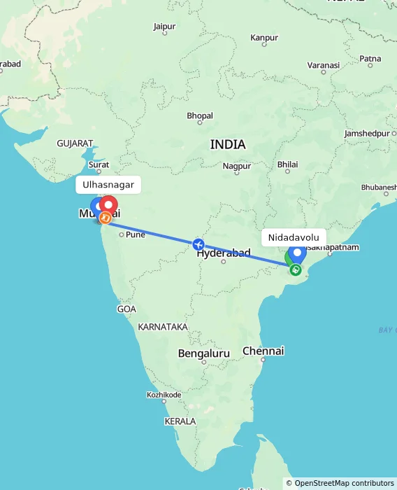 Route map showing distance and travel time from Nidadavolu, India to Ulhasnagar, India