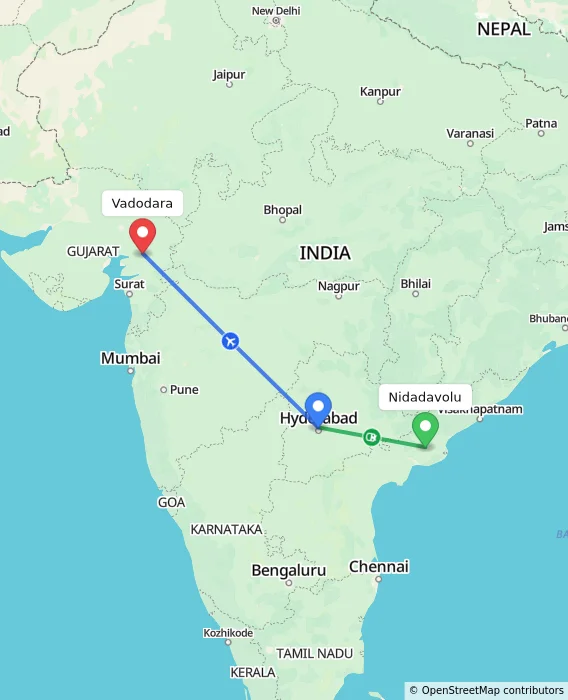 Route map showing distance and travel time from Nidadavolu, India to Vadodara, India