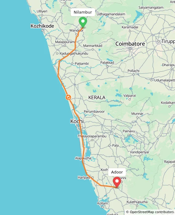 Route map showing distance and travel time from Nilambur, India to Adoor, India
